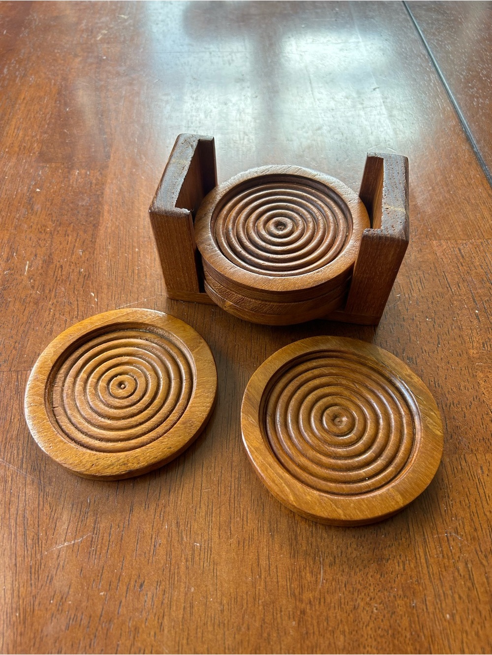 Vintage Mid-Century Modern Genuine Teak Wood Coaster Set with Holder